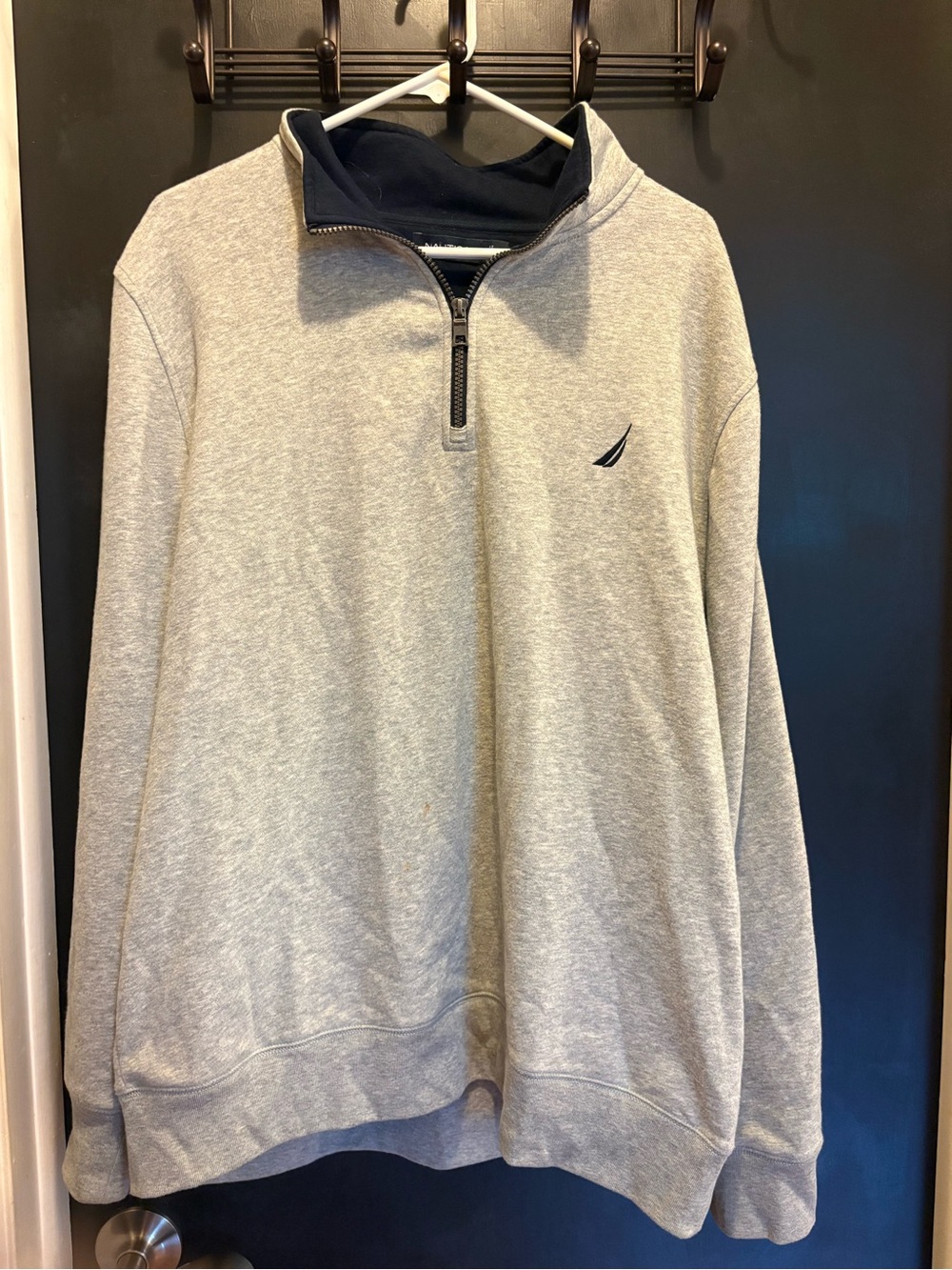 Nautica Men’s Quarter Zip Sweatshirt XL Heather Gray W/ Navy J Class Sail Logo